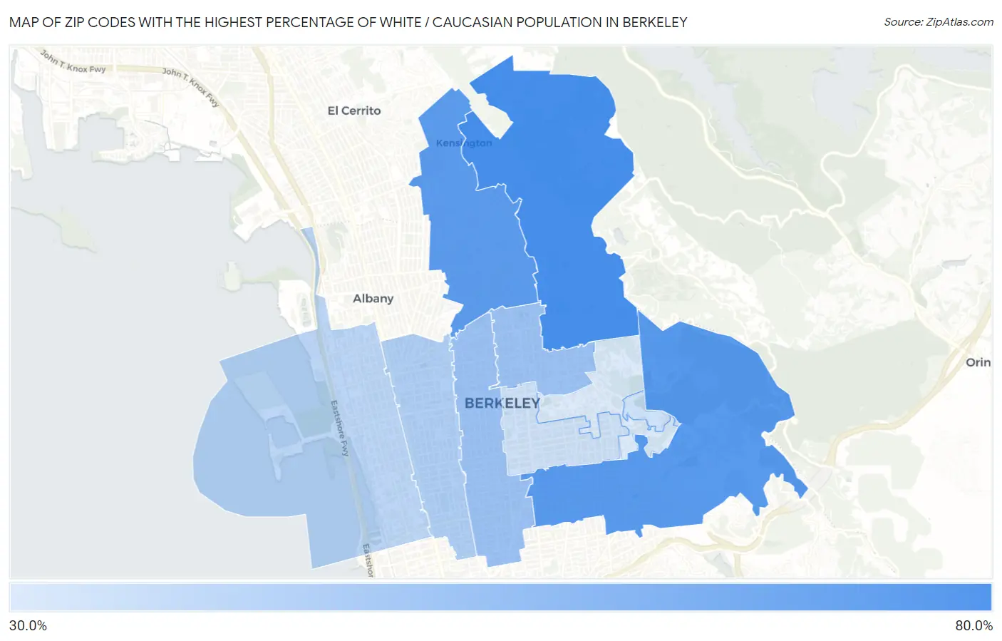 Zip Codes with the Highest Percentage of White / Caucasian Population in Berkeley Map
