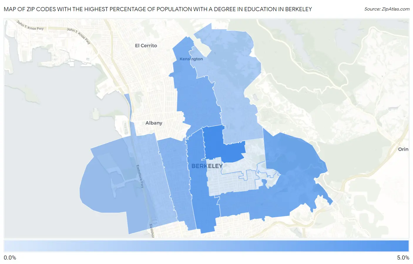 Zip Codes with the Highest Percentage of Population with a Degree in Education in Berkeley Map