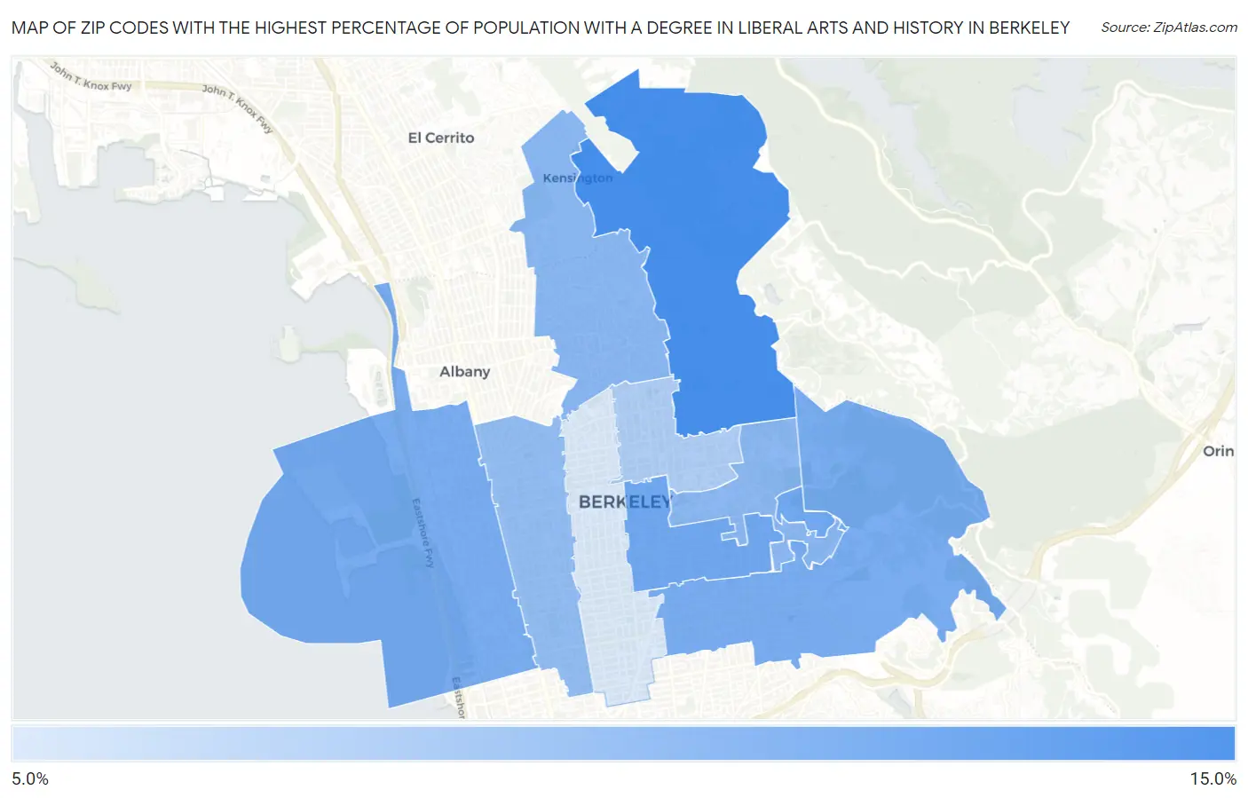 Zip Codes with the Highest Percentage of Population with a Degree in Liberal Arts and History in Berkeley Map