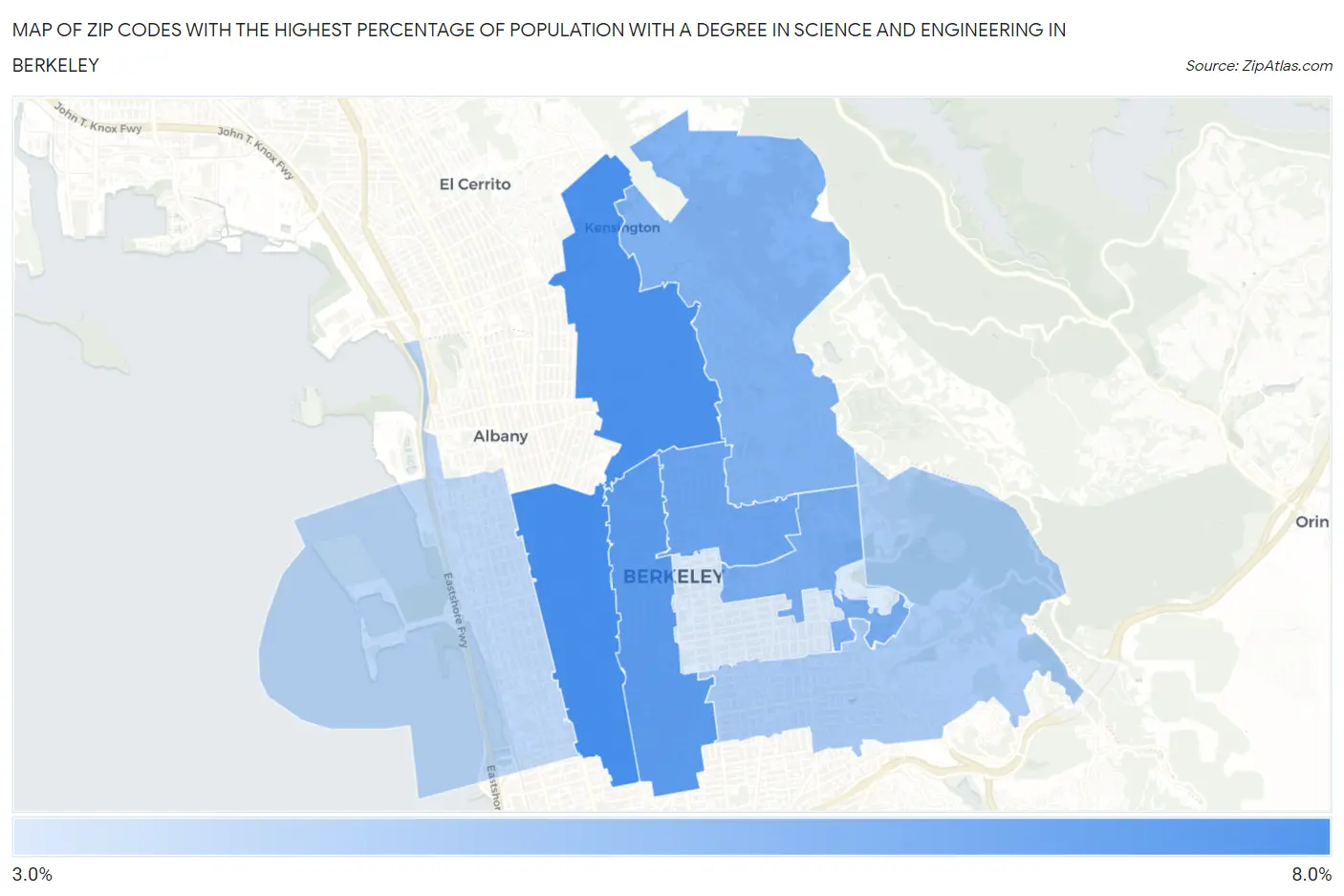 Zip Codes with the Highest Percentage of Population with a Degree in Science and Engineering in Berkeley Map