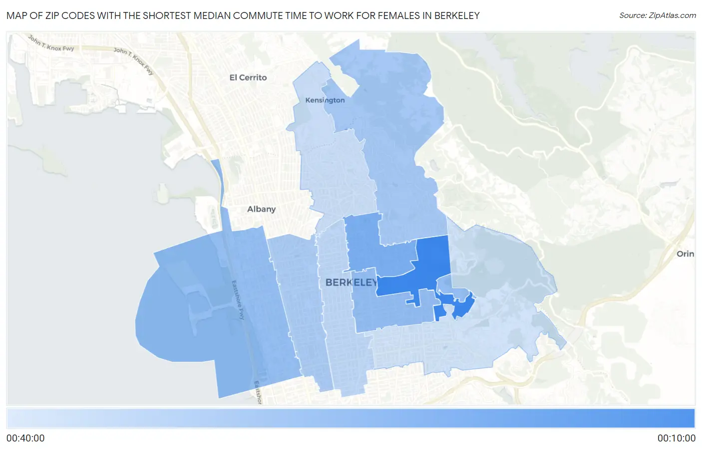 Zip Codes with the Shortest Median Commute Time to Work for Females in Berkeley Map