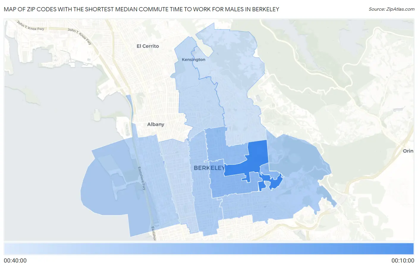 Zip Codes with the Shortest Median Commute Time to Work for Males in Berkeley Map