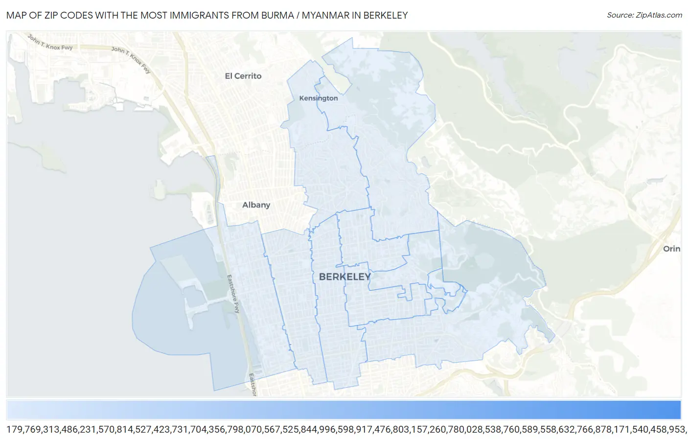 Zip Codes with the Most Immigrants from Burma / Myanmar in Berkeley Map