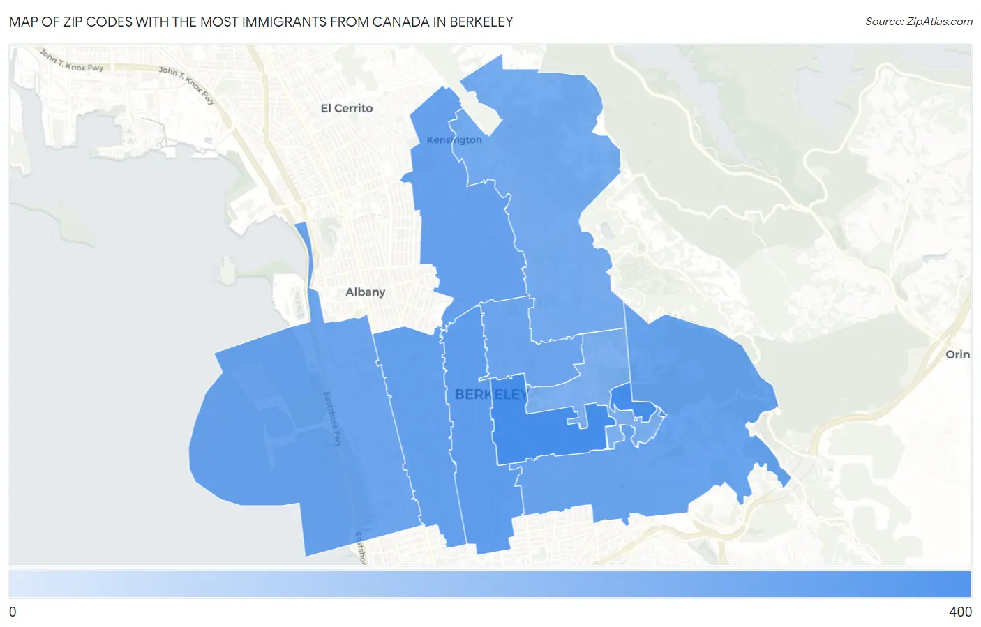 Zip Codes with the Most Immigrants from Canada in Berkeley Map
