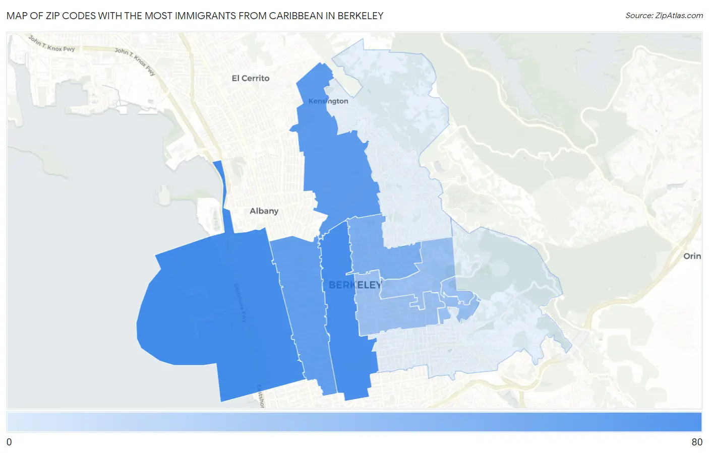 Zip Codes with the Most Immigrants from Caribbean in Berkeley Map