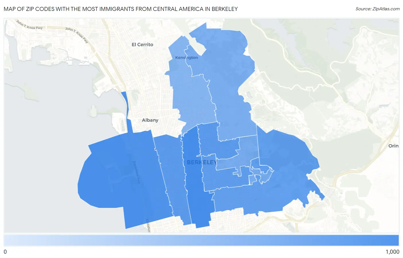 Zip Codes with the Most Immigrants from Central America in Berkeley Map