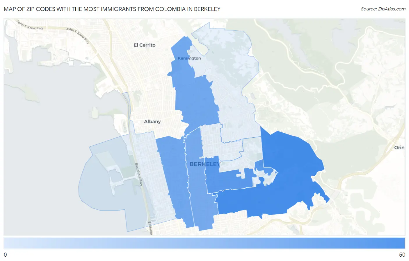 Zip Codes with the Most Immigrants from Colombia in Berkeley Map