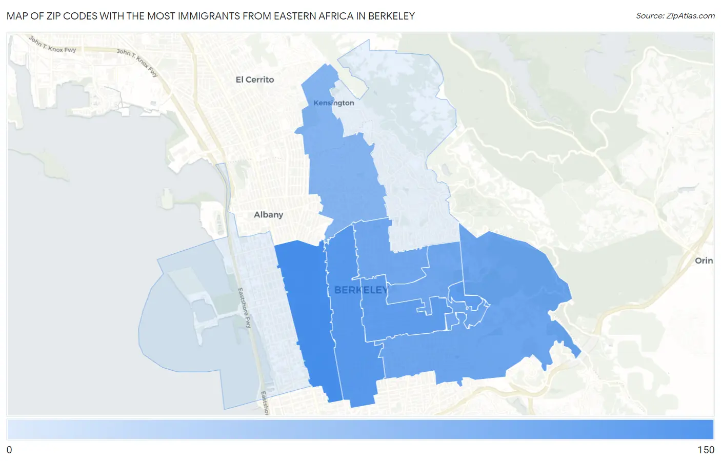 Zip Codes with the Most Immigrants from Eastern Africa in Berkeley Map