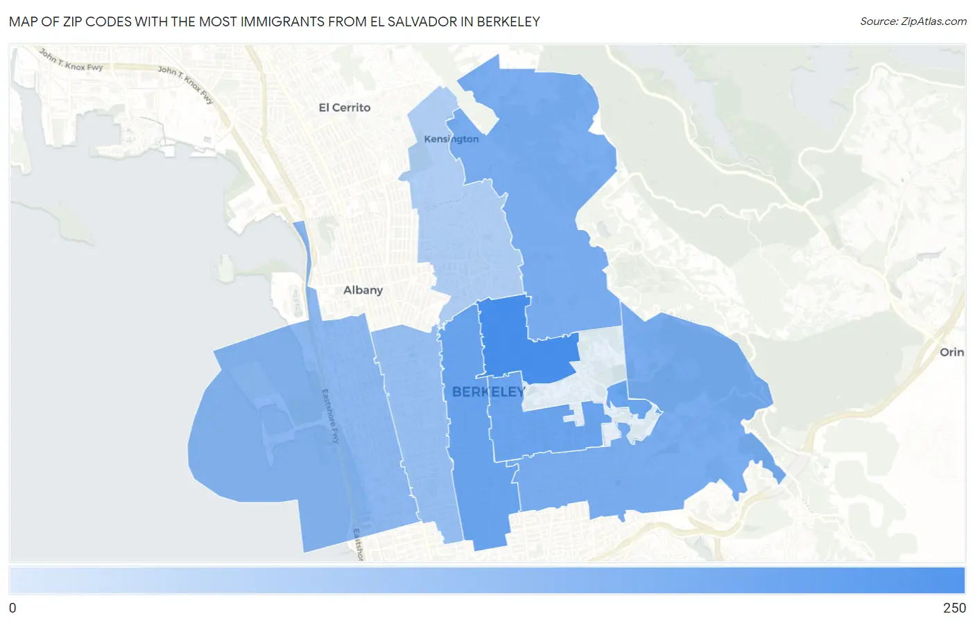 Zip Codes with the Most Immigrants from El Salvador in Berkeley Map