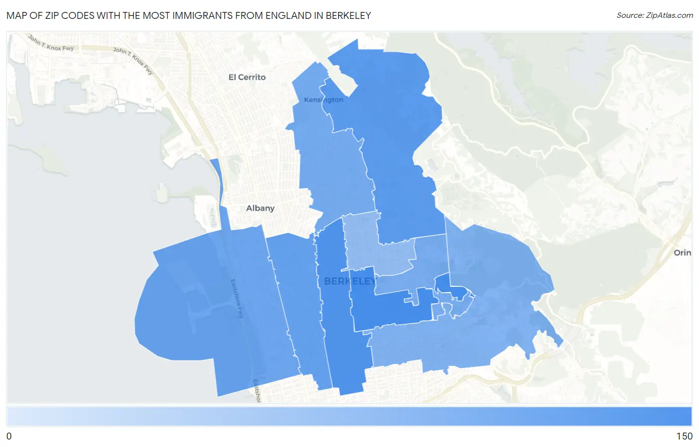 Zip Codes with the Most Immigrants from England in Berkeley Map