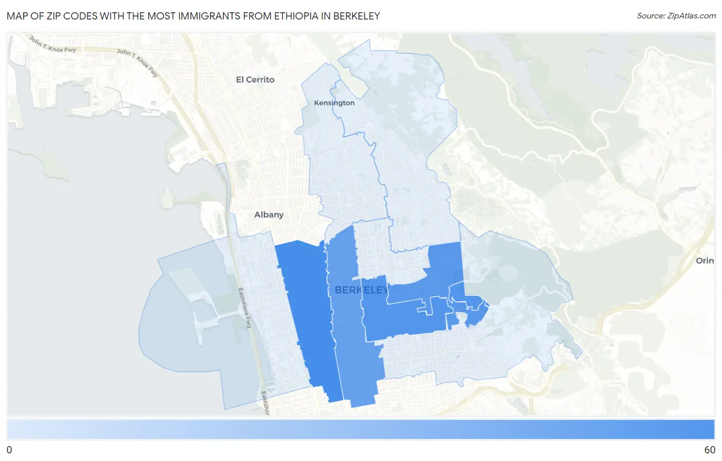 Zip Codes with the Most Immigrants from Ethiopia in Berkeley Map