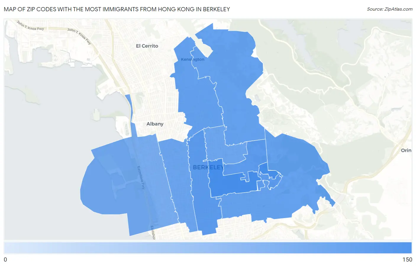 Zip Codes with the Most Immigrants from Hong Kong in Berkeley Map
