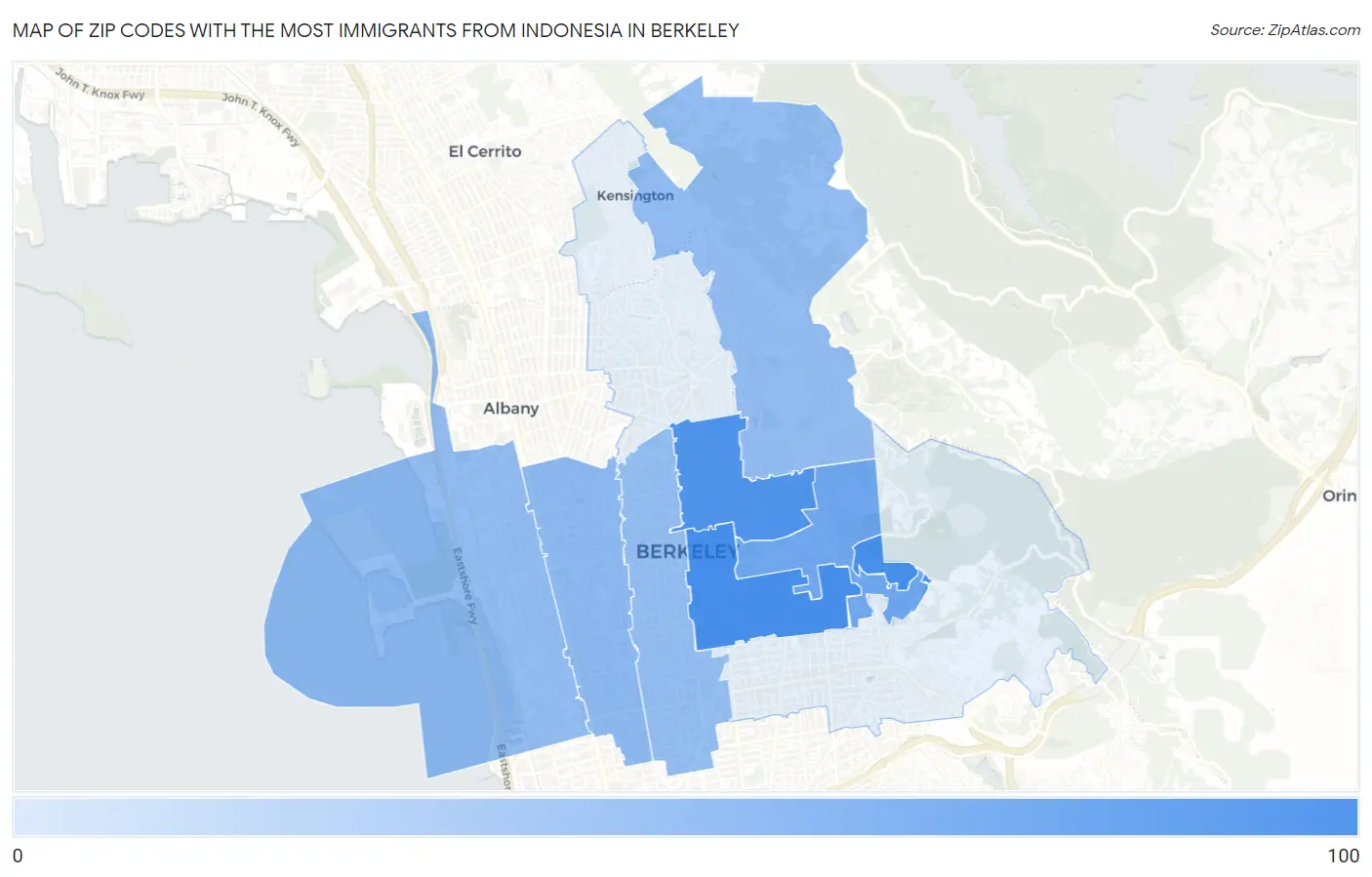 Zip Codes with the Most Immigrants from Indonesia in Berkeley Map