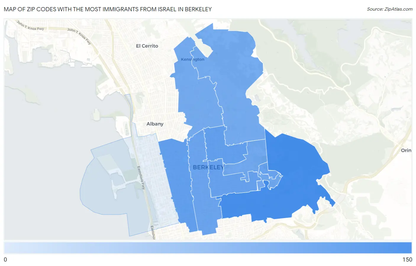 Zip Codes with the Most Immigrants from Israel in Berkeley Map