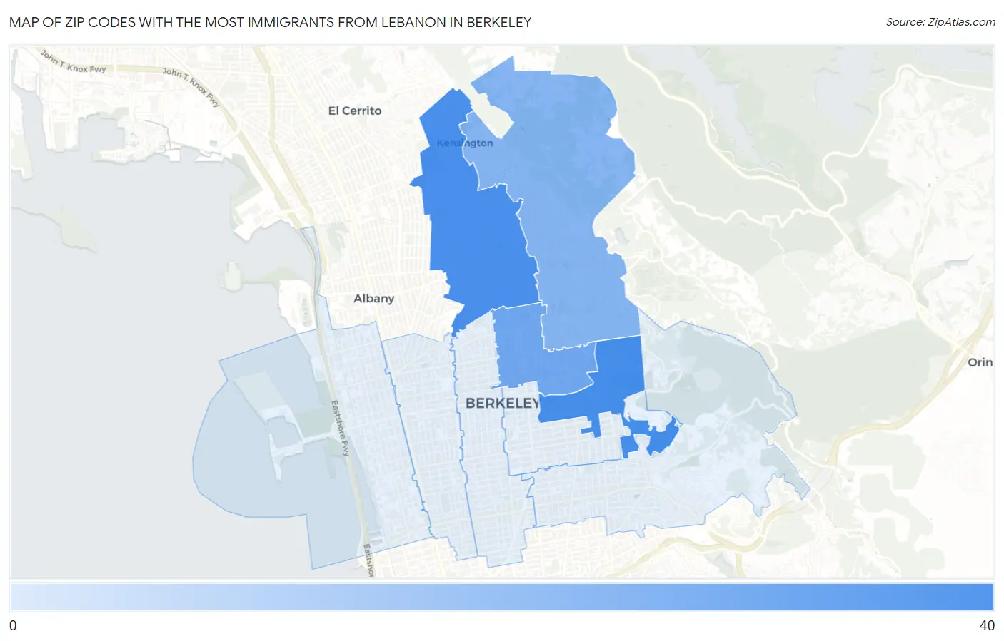 Zip Codes with the Most Immigrants from Lebanon in Berkeley Map