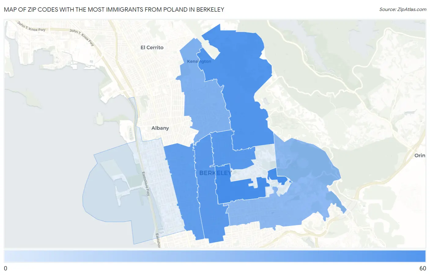 Zip Codes with the Most Immigrants from Poland in Berkeley Map