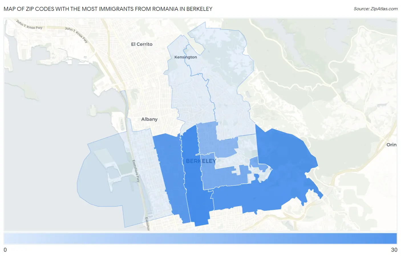 Zip Codes with the Most Immigrants from Romania in Berkeley Map