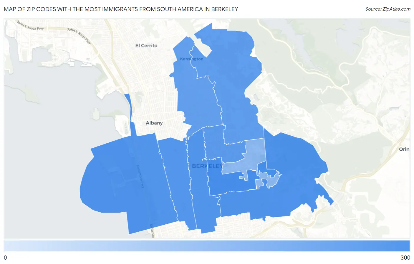 Zip Codes with the Most Immigrants from South America in Berkeley Map