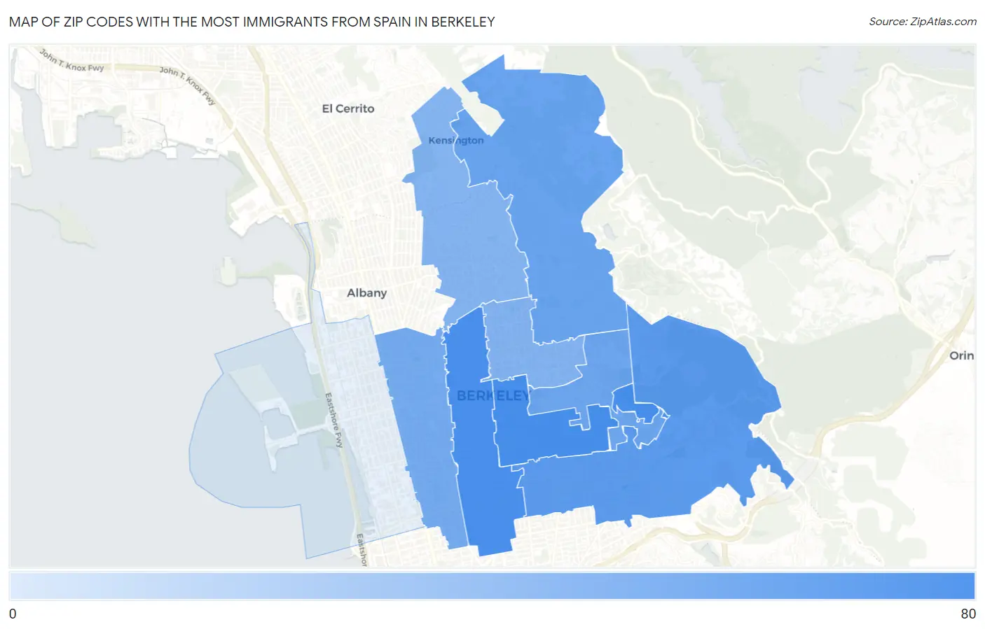 Zip Codes with the Most Immigrants from Spain in Berkeley Map