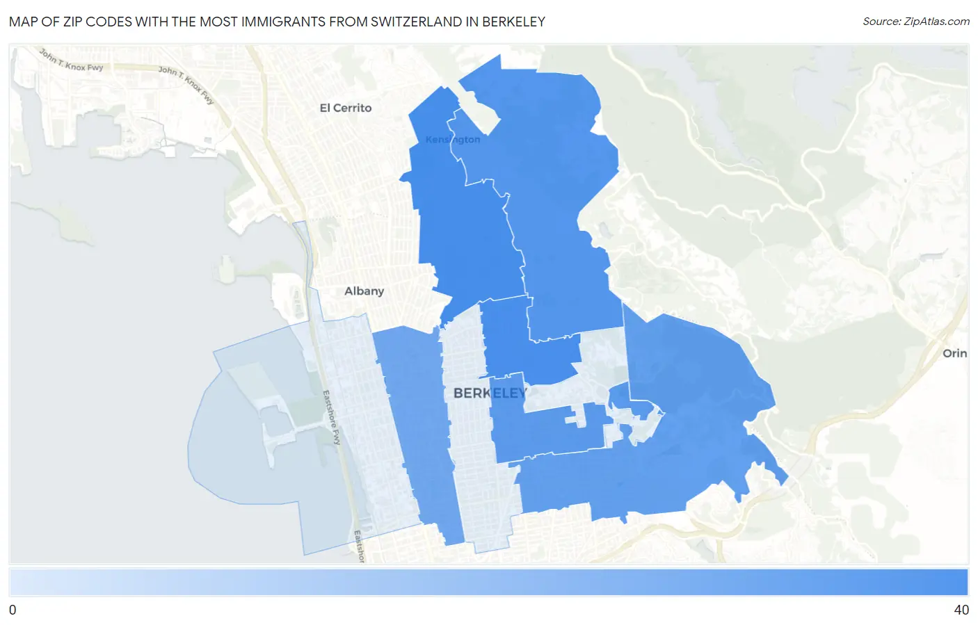 Zip Codes with the Most Immigrants from Switzerland in Berkeley Map