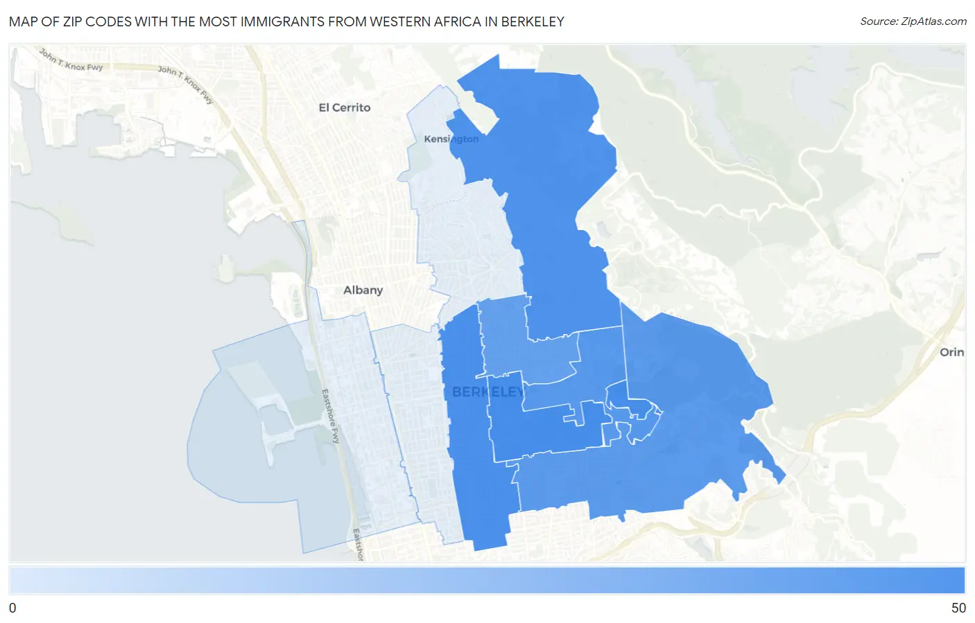 Zip Codes with the Most Immigrants from Western Africa in Berkeley Map