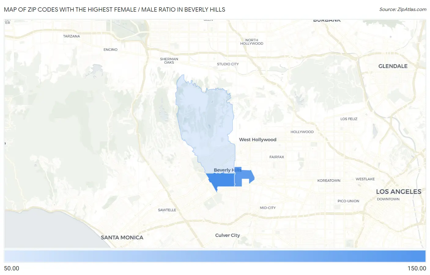 Zip Codes with the Highest Female / Male Ratio in Beverly Hills Map