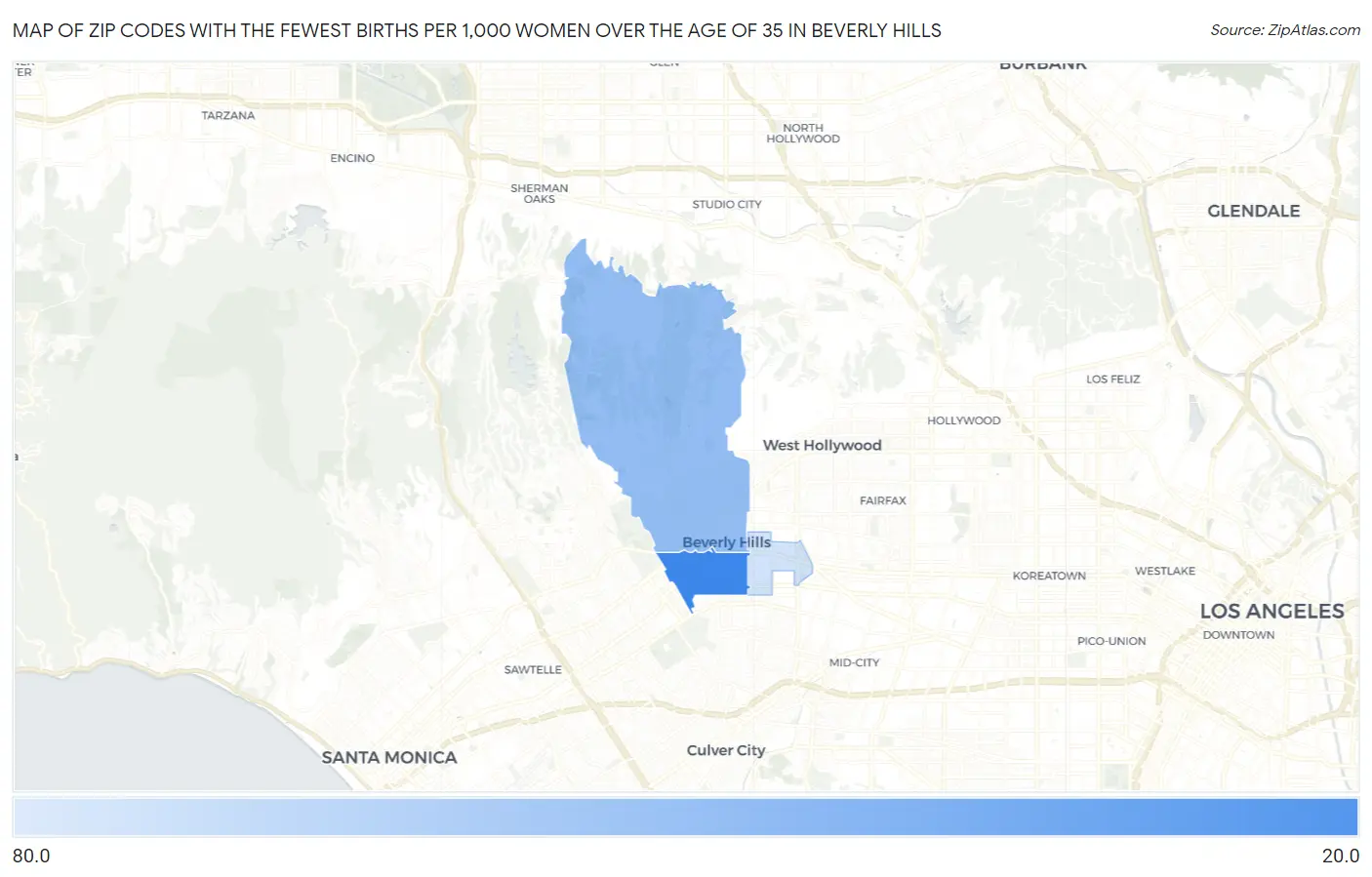 Zip Codes with the Fewest Births per 1,000 Women Over the Age of 35 in Beverly Hills Map