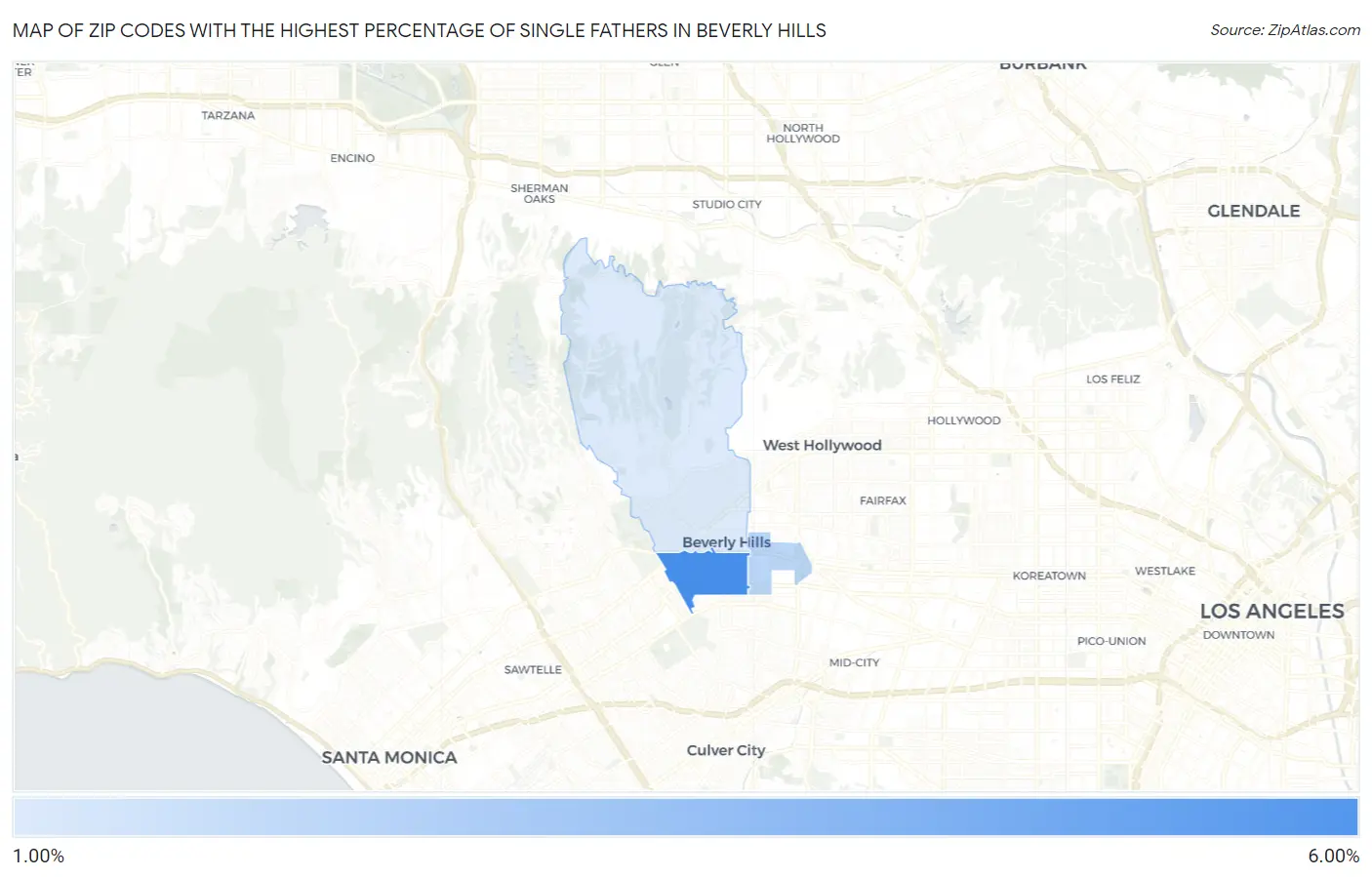 Zip Codes with the Highest Percentage of Single Fathers in Beverly Hills Map