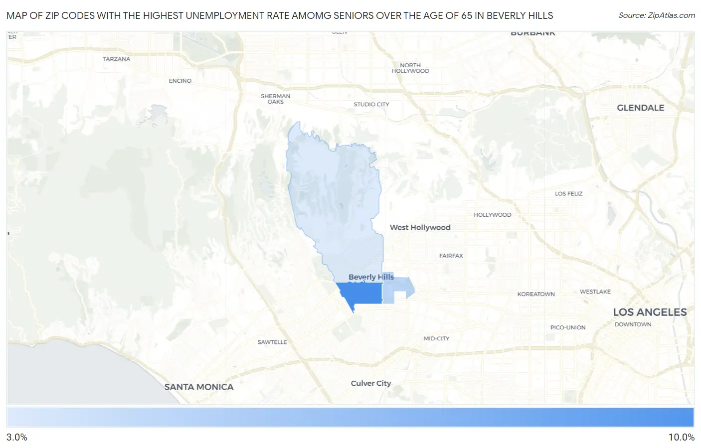Zip Codes with the Highest Unemployment Rate Amomg Seniors Over the Age of 65 in Beverly Hills Map