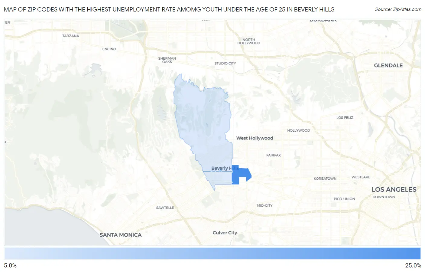 Zip Codes with the Highest Unemployment Rate Amomg Youth Under the Age of 25 in Beverly Hills Map