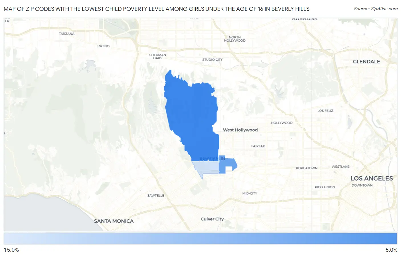 Zip Codes with the Lowest Child Poverty Level Among Girls Under the Age of 16 in Beverly Hills Map