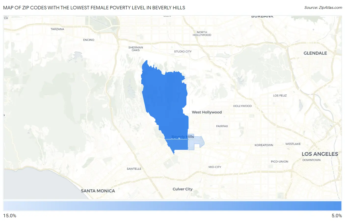 Zip Codes with the Lowest Female Poverty Level in Beverly Hills Map