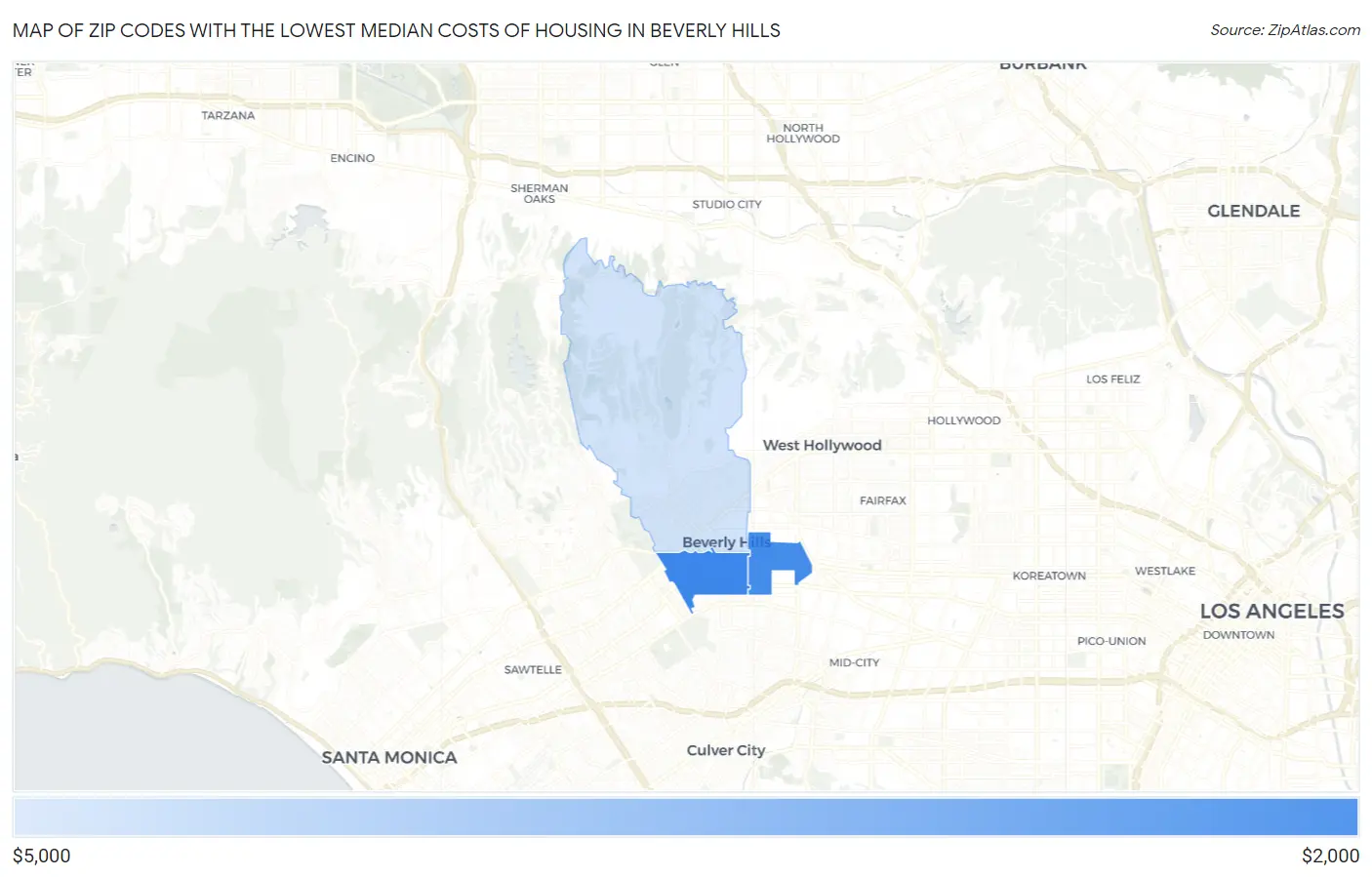 Zip Codes with the Lowest Median Costs of Housing in Beverly Hills Map