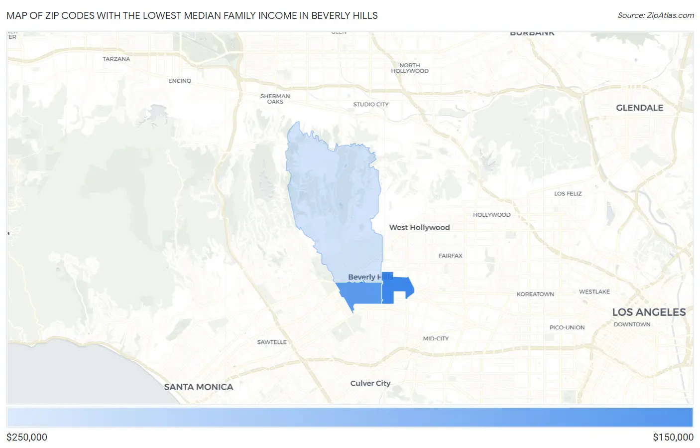 Zip Codes with the Lowest Median Family Income in Beverly Hills Map