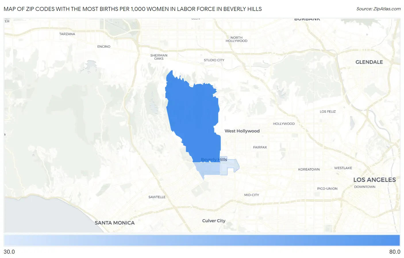 Zip Codes with the Most Births per 1,000 Women in Labor Force in Beverly Hills Map