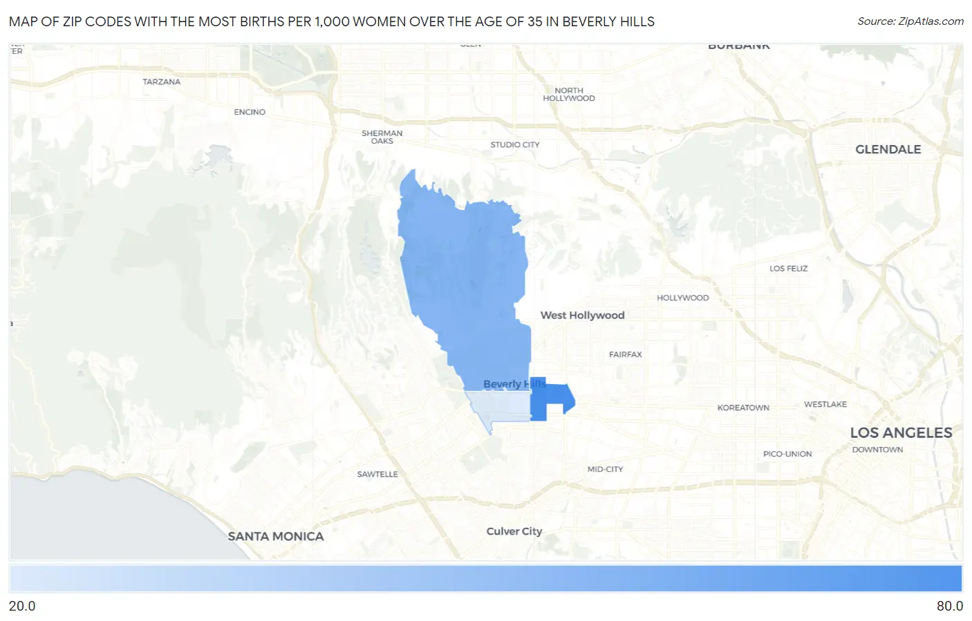 Zip Codes with the Most Births per 1,000 Women Over the Age of 35 in Beverly Hills Map