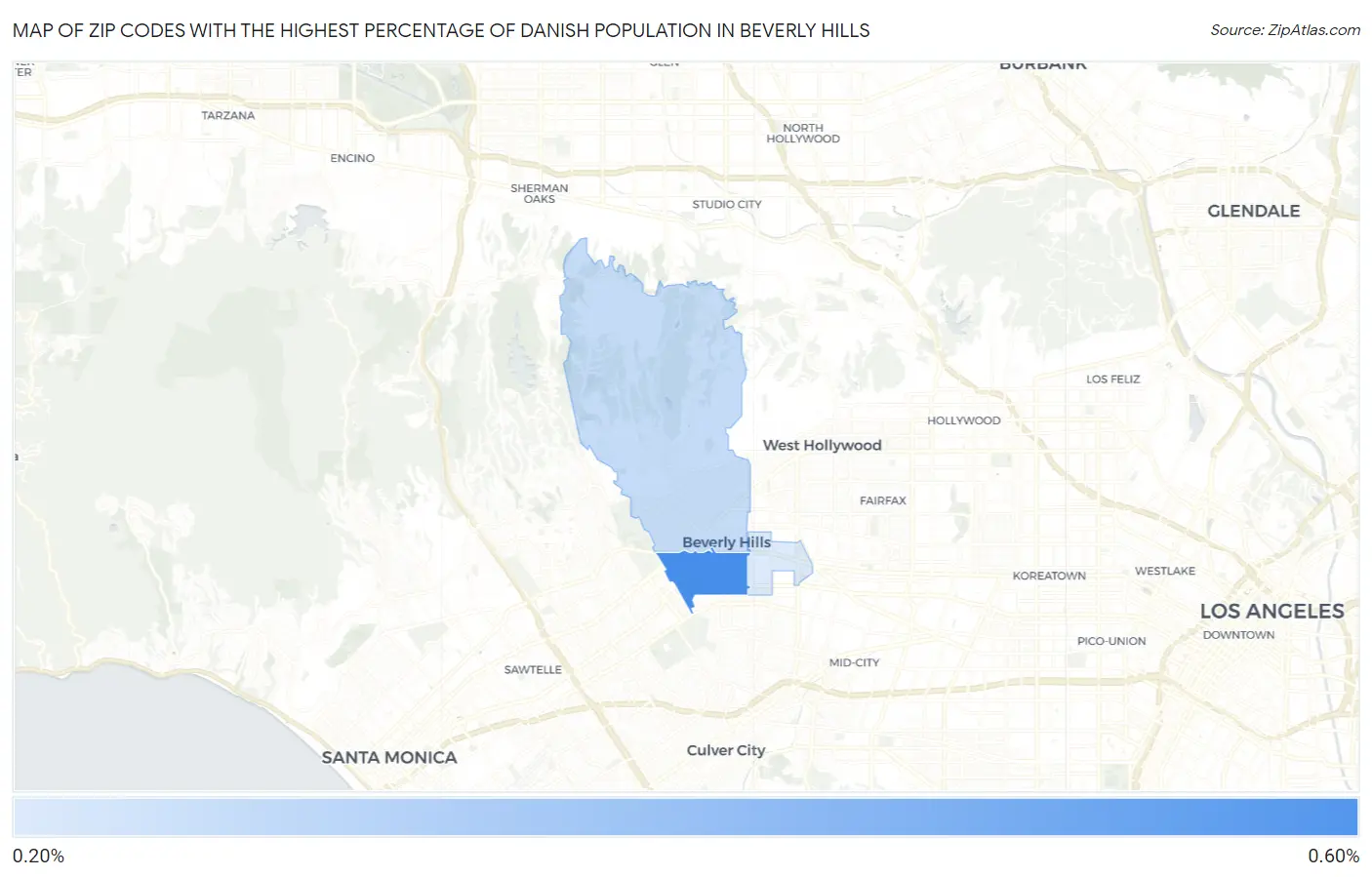 Zip Codes with the Highest Percentage of Danish Population in Beverly Hills Map