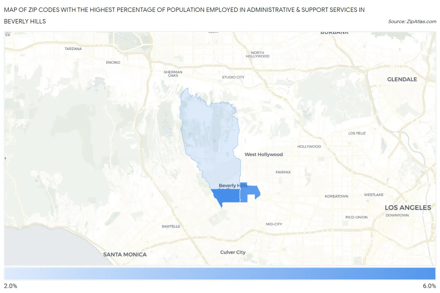 Zip Codes with the Highest Percentage of Population Employed in Administrative & Support Services in Beverly Hills Map