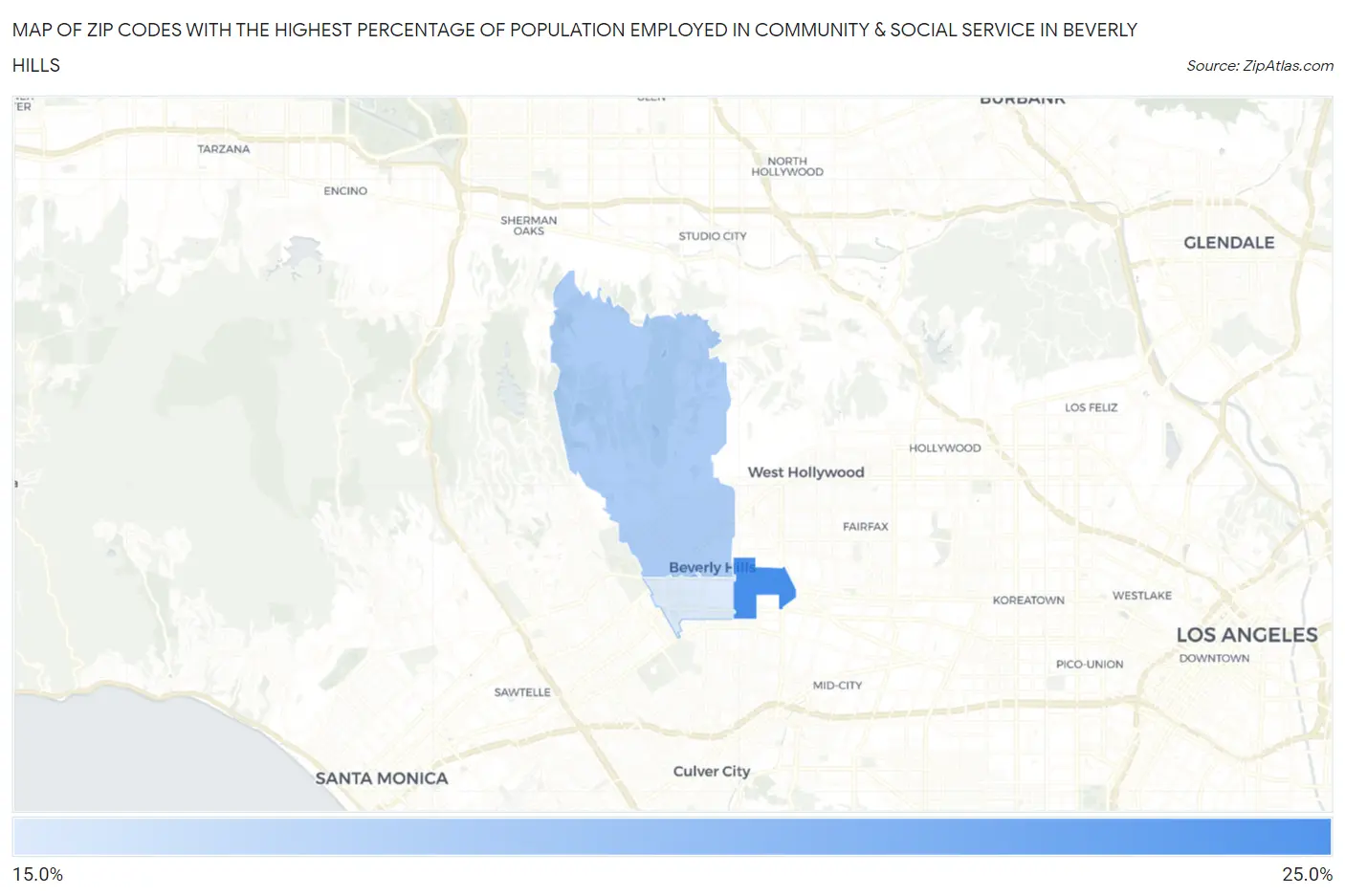 Zip Codes with the Highest Percentage of Population Employed in Community & Social Service  in Beverly Hills Map
