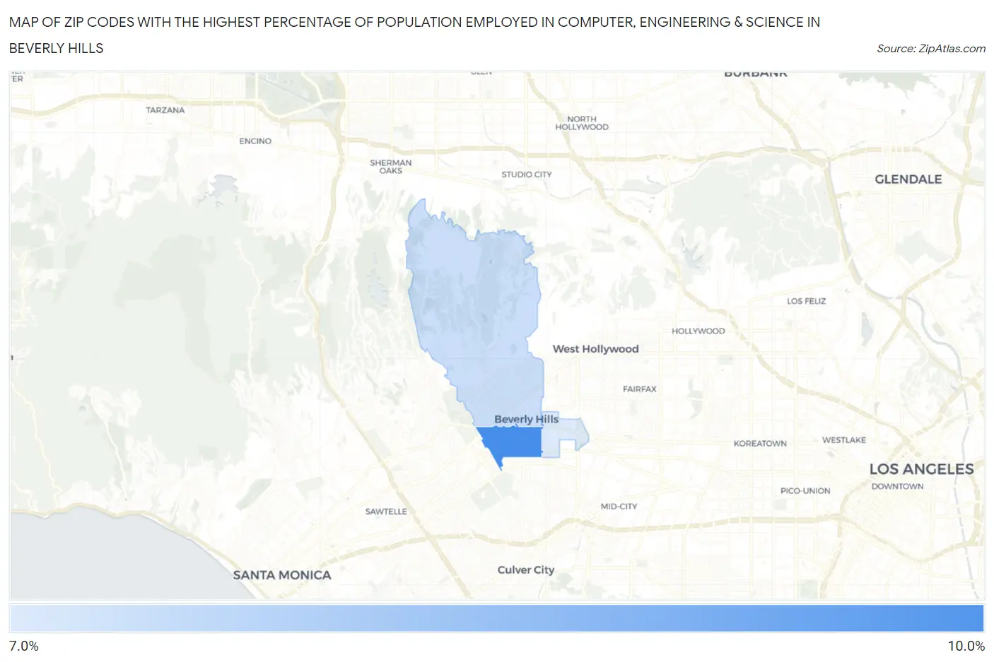 Zip Codes with the Highest Percentage of Population Employed in Computer, Engineering & Science in Beverly Hills Map