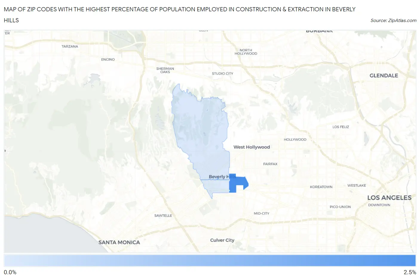 Zip Codes with the Highest Percentage of Population Employed in Construction & Extraction in Beverly Hills Map
