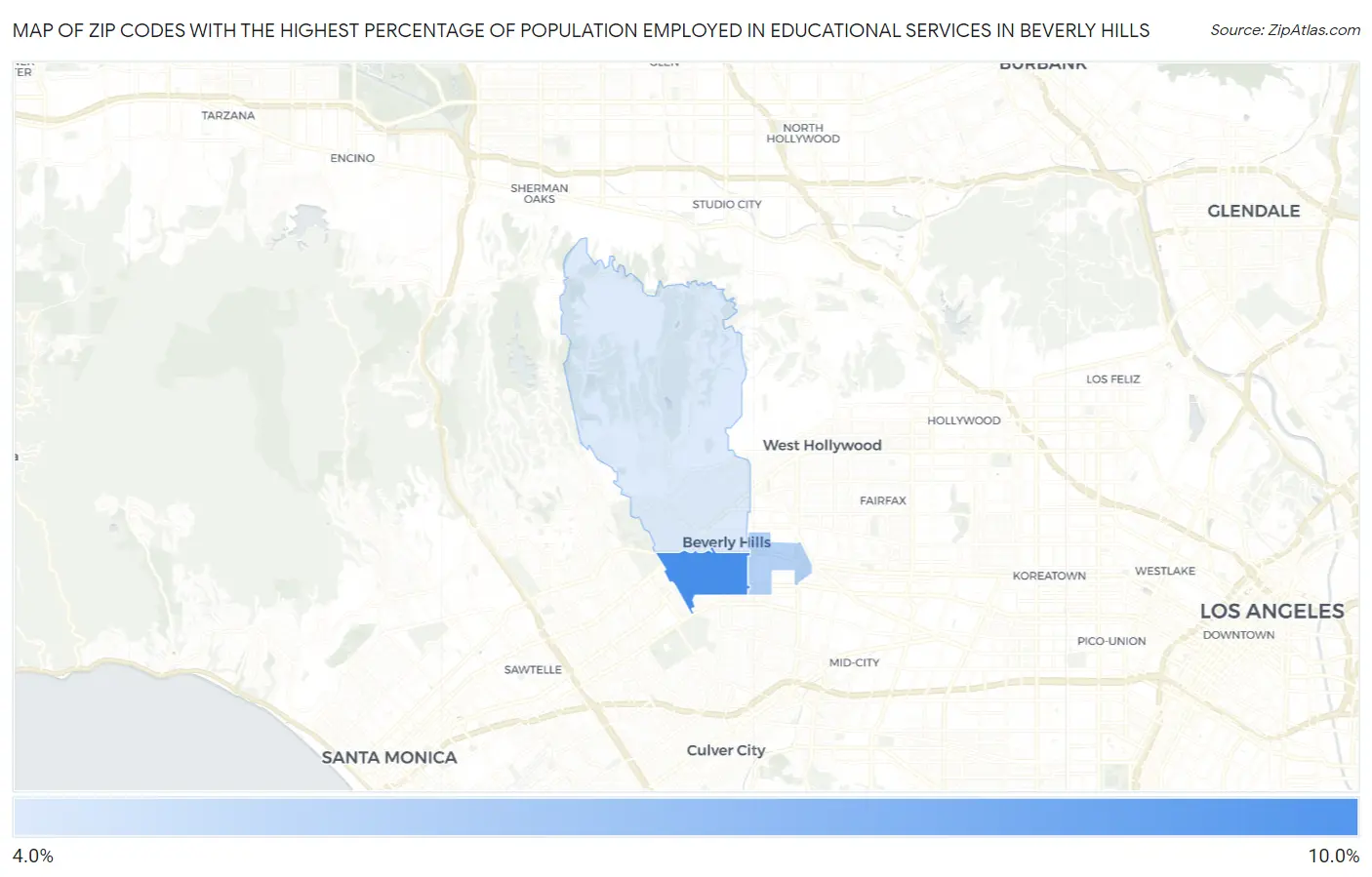 Zip Codes with the Highest Percentage of Population Employed in Educational Services in Beverly Hills Map