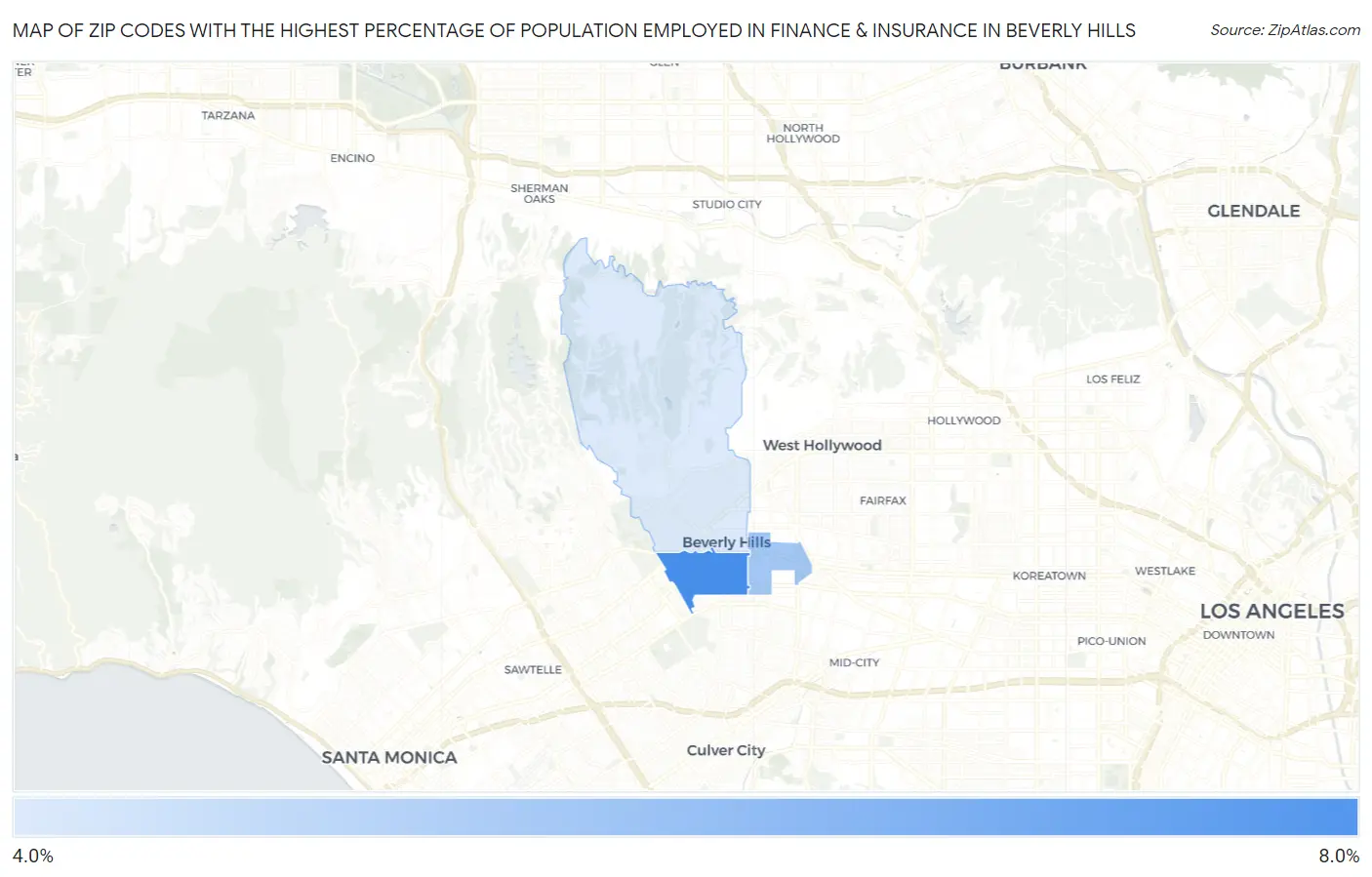 Zip Codes with the Highest Percentage of Population Employed in Finance & Insurance in Beverly Hills Map