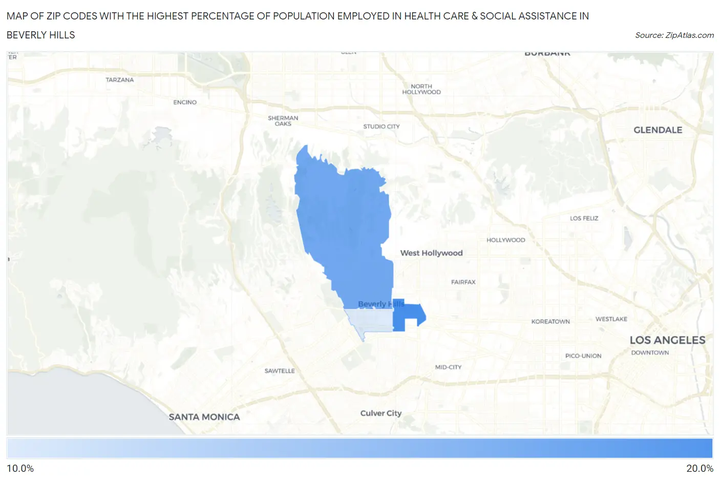 Zip Codes with the Highest Percentage of Population Employed in Health Care & Social Assistance in Beverly Hills Map