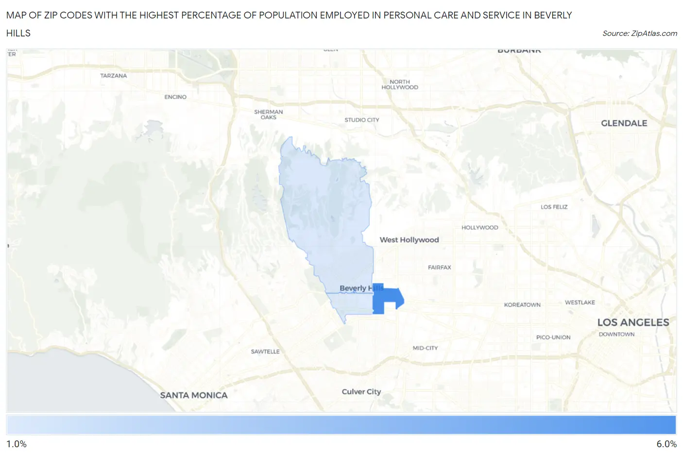 Zip Codes with the Highest Percentage of Population Employed in Personal Care and Service in Beverly Hills Map