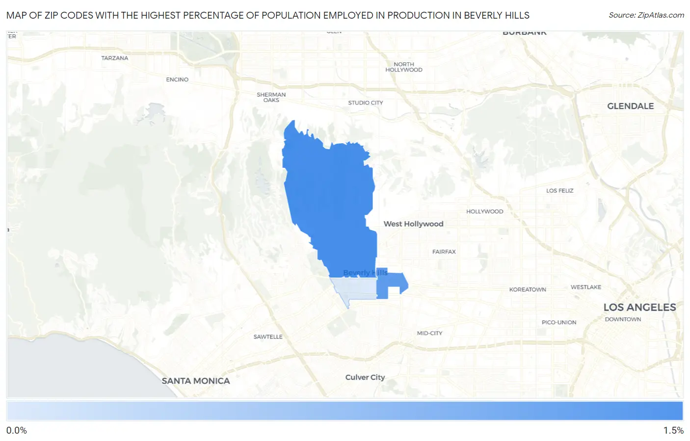 Zip Codes with the Highest Percentage of Population Employed in Production in Beverly Hills Map