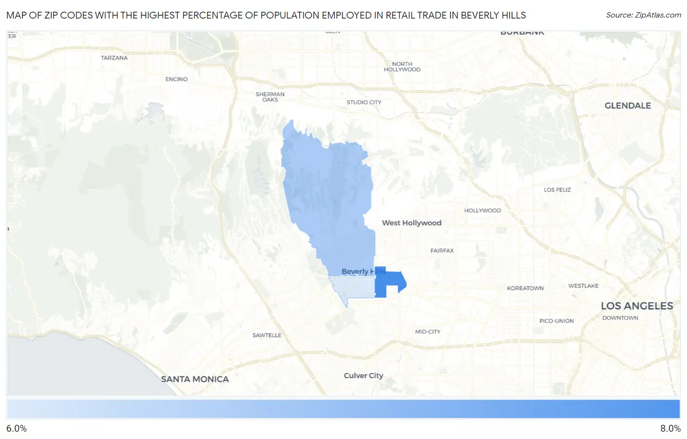 Zip Codes with the Highest Percentage of Population Employed in Retail Trade in Beverly Hills Map