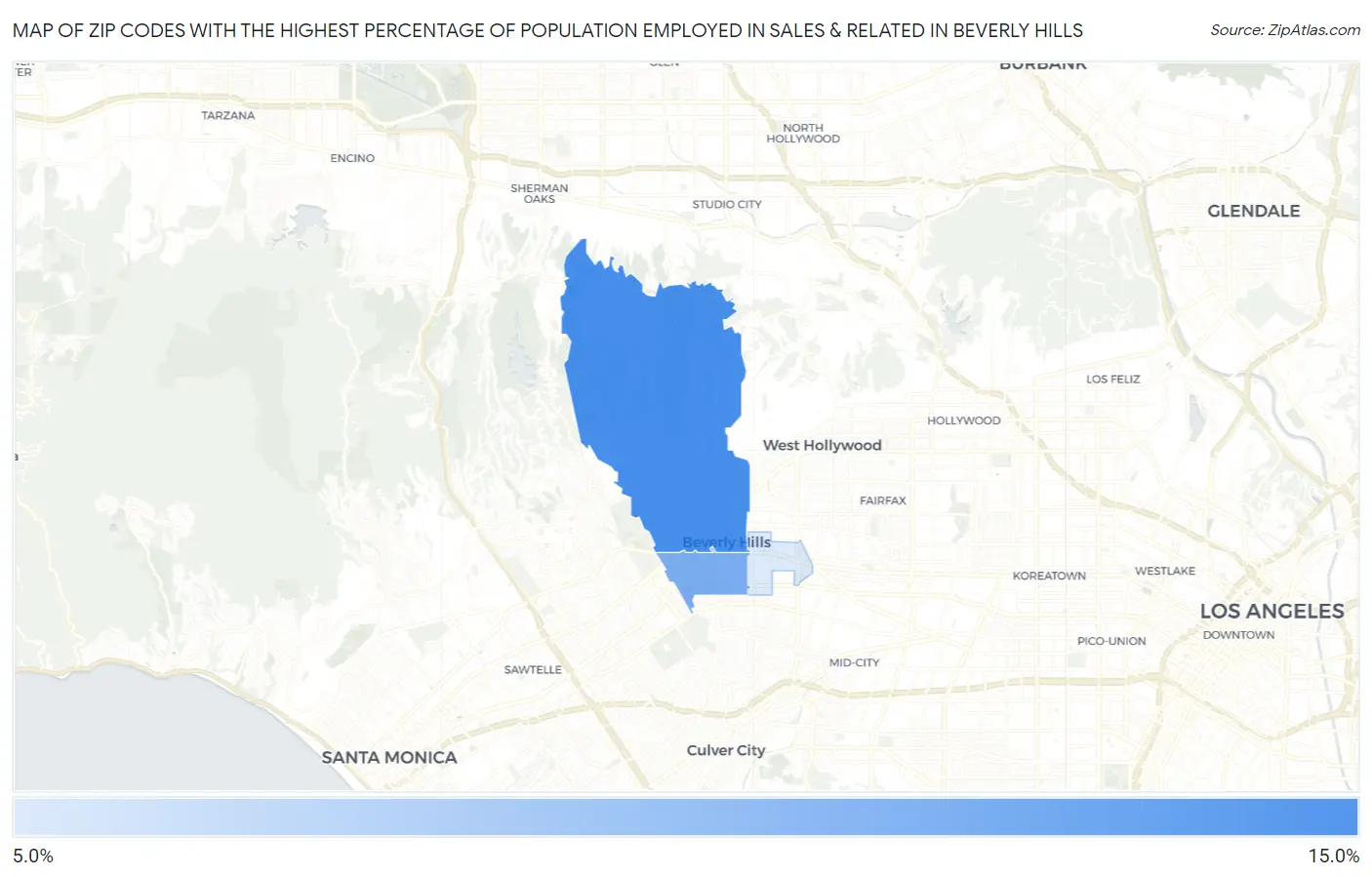 Zip Codes with the Highest Percentage of Population Employed in Sales & Related in Beverly Hills Map