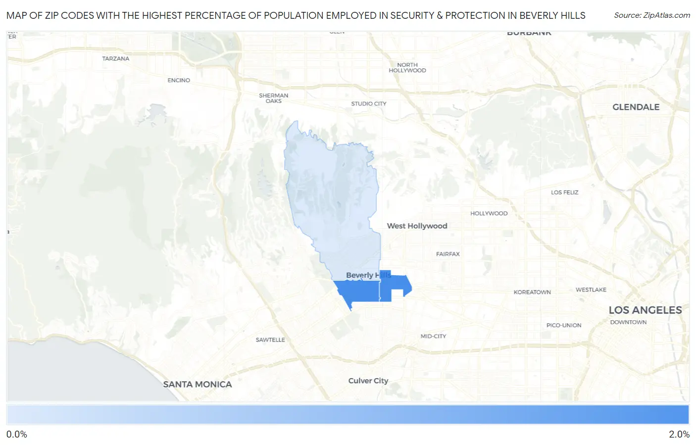 Zip Codes with the Highest Percentage of Population Employed in Security & Protection in Beverly Hills Map