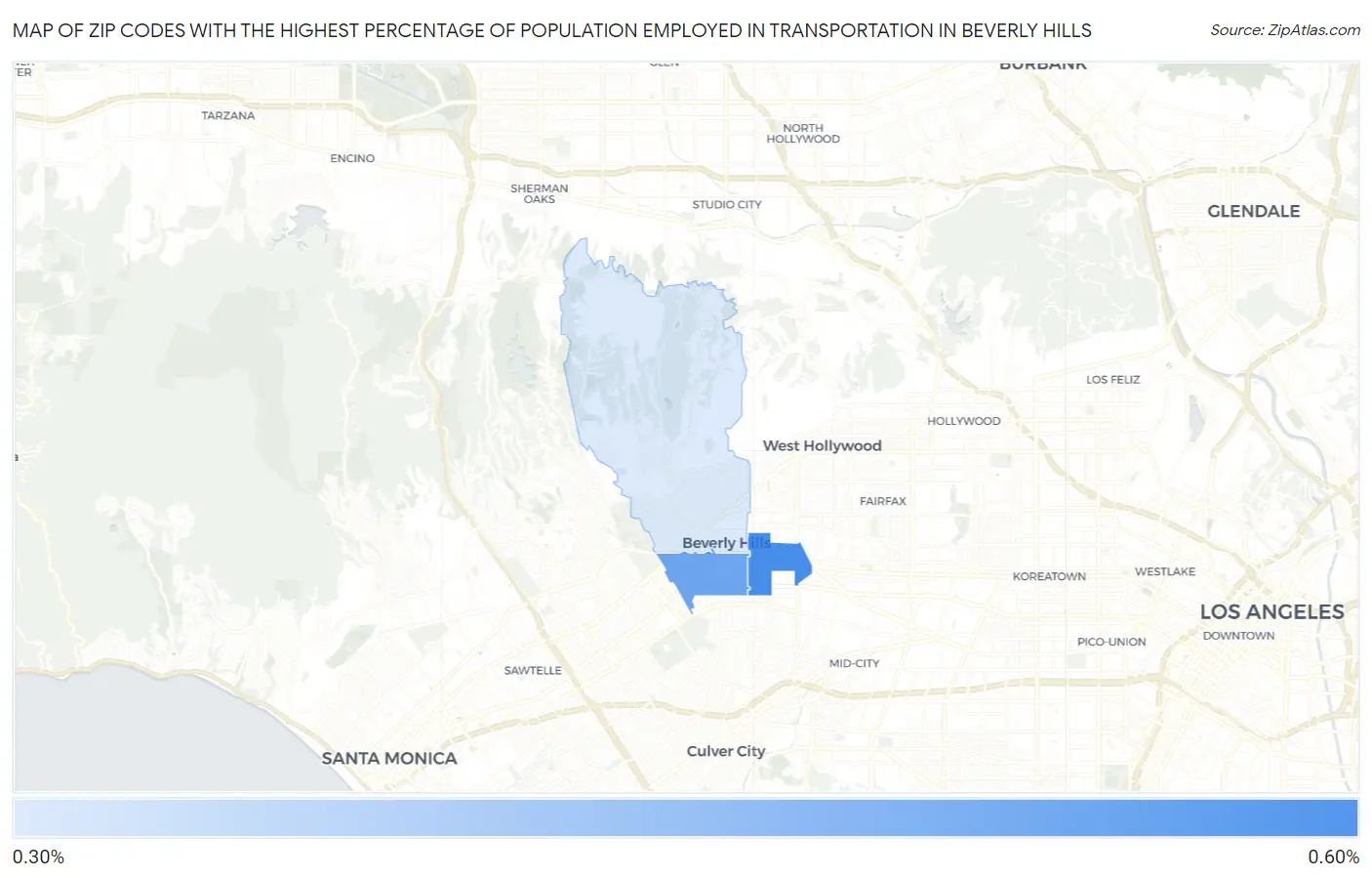 Zip Codes with the Highest Percentage of Population Employed in Transportation in Beverly Hills Map